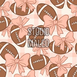 May include: A repeating pattern of brown footballs with white stripes and stitching, each adorned with a light pink bow. The background features a light pink and white gingham pattern. The text "STUDIO MALEO" is overlaid on the design.