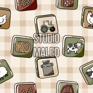 May include: A repeating pattern of farm-themed illustrations on a light brown checkered background. The illustrations include a tractor, cow, chicken, sheep, hay bale, milk jug, and barn. The text "STUDIO MALEO" is also present.
