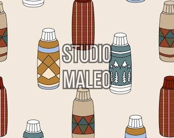 Vintage Vacuum Flask Retro Camping Plaid Mountain 1970s Seamless Repeat Pattern for Fabric Sublimation