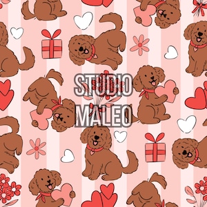 Peut inclure: Motif répété de chiens bruns de dessin animé avec des écharpes rouges, tenant des cœurs et des cadeaux, sur un fond rose à rayures. Des cœurs et des fleurs blancs sont également dispersés. Le texte "STUDIO MALEO" est au centre.