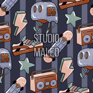 May include: Seamless pattern featuring illustrations of skateboards, helmets with the number 86, sneakers, boomboxes, stars, and lightning bolts. The design is set against a dark blue background with vertical stripes, and includes the text "STUDIO MALEO".