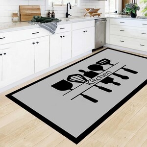 Modern Kitchen Rug, Utensil Design, Gray Black Mat, Minimalist Floor Decor