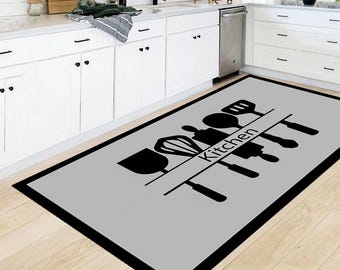 Modern Kitchen Rug with Utensil Design, Gray and Black Kitchen Mat, Minimal Non Slip Floor Rug for Contemporary Homes,printed rug