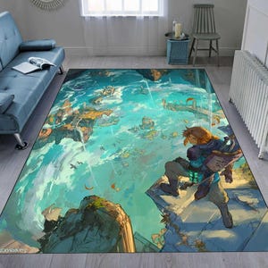 Könnte beinhalten: Ein bunter Teppich mit blauem und grünem Hintergrund, auf dem ein Comic-Charakter auf einer Klippe steht und auf eine weite, blaue und grüne Landschaft blickt. Der Charakter trägt ein blaues und braunes Outfit und hat blondes Haar.