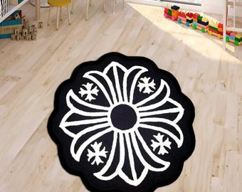 chrome inspired rug, chrome rug, chrome  round rug, cross rug, gothic cross, chrome gothic style Y2K, chrome cross, custom rug