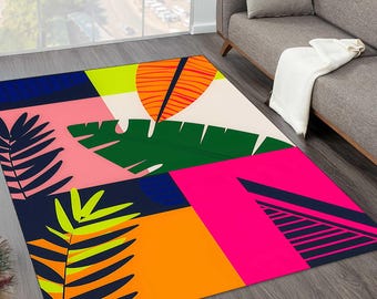 Colorful Tropical Leaf Rug, Modern Abstract Botanical Rug, Mid Century Style Area Rug,Bold Geometric Art Rug,Contemporary Home Decor Carpet,