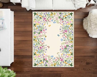 Boho Chic Elegance Floral Rug, Turkish Modern Unique Rug, Washable Non-Slip Rug, Distressed Large Area Rug, Rugs for Living Room Bedroom