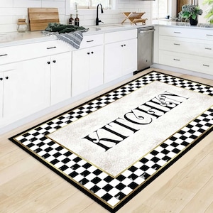Kitchen Rug Black White, Farmhouse Checkered Area Rug, Modern Typography Kitchen Mat, Buffalo Plaid Decor Rug,printed rug