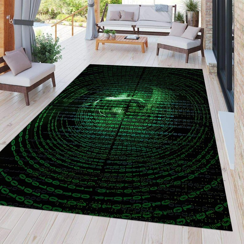 Peut inclure: Un tapis noir et vert avec un motif circulaire de chiffres verts et bleus. Le tapis a un design moderne et abstrait.