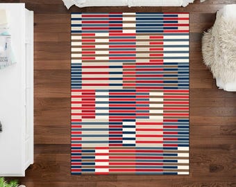 Abstract Striped Rug, Modern Geometric Area Rug, Colorful Contemporary Carpet, Red Blue Neutral Living Room Rug,printed rug