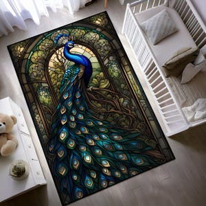 Peacock Rug | Peafowl Animal Decor, Washable Living Room & Salon Rug, Perfect House warming Gift for Peacock Lovers