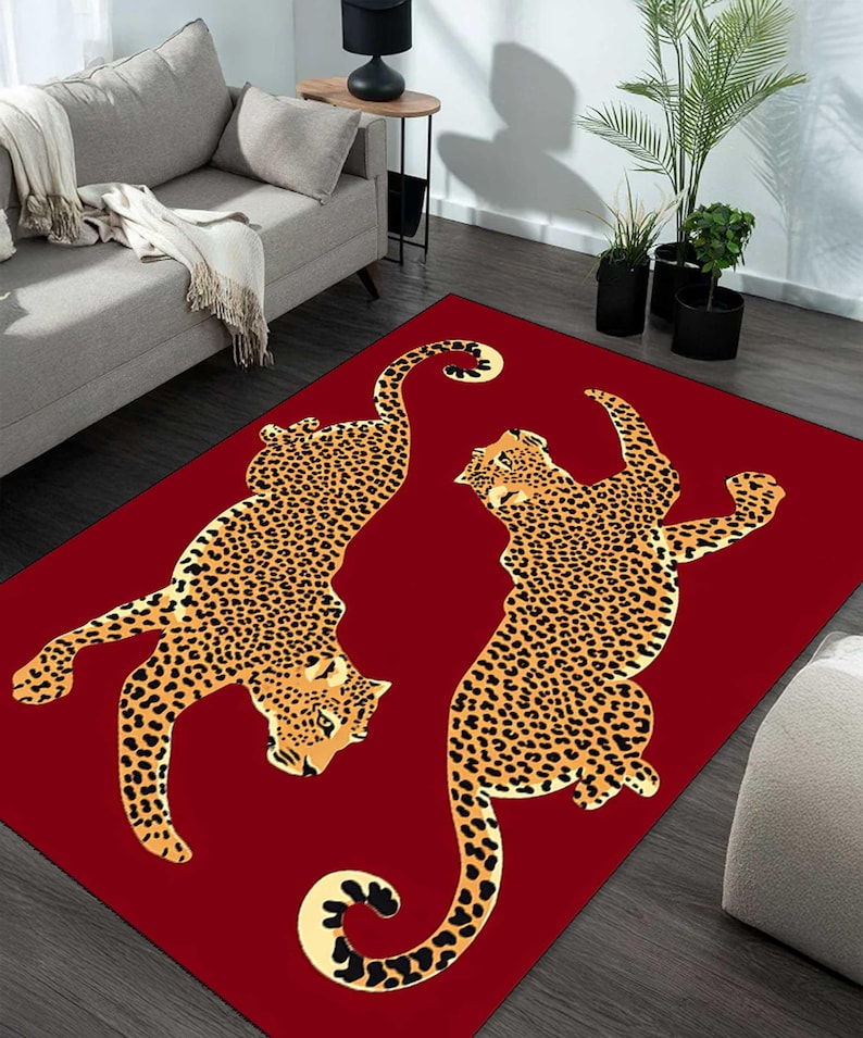 Leopard Area Rug, Red Background Animal Print Rug, Safari Jungle Carpet ...