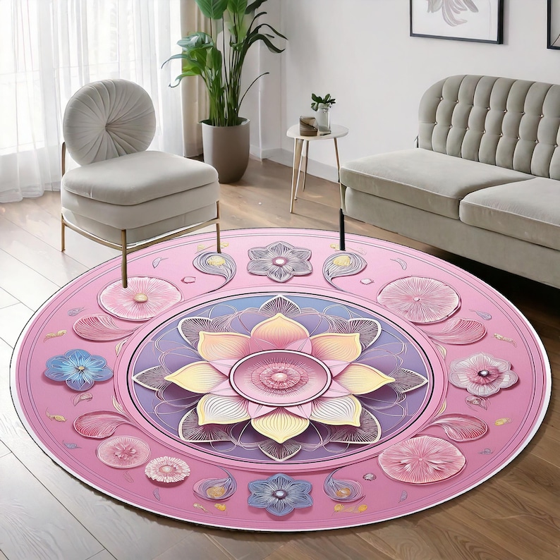 Princess Round Rug: Pink Floral Mandala, Washable Kid's Room Decor - Etsy