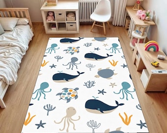 Sea Creatures Crawling Rug - Brown Mat-Whale Skid Proof Carpet for Kid's Room-Animal Toddler Runner-Turtle Playroom Rug-Coral Tammy Time Mat
