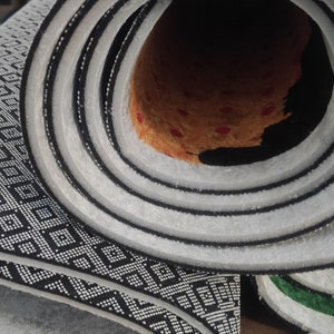 Peut inclure: Un tapis enroul&eacute; avec un motif g&eacute;om&eacute;trique noir et blanc. Le tapis a un dos blanc et est enroul&eacute; serr&eacute;. Le tapis est sur une surface brune.