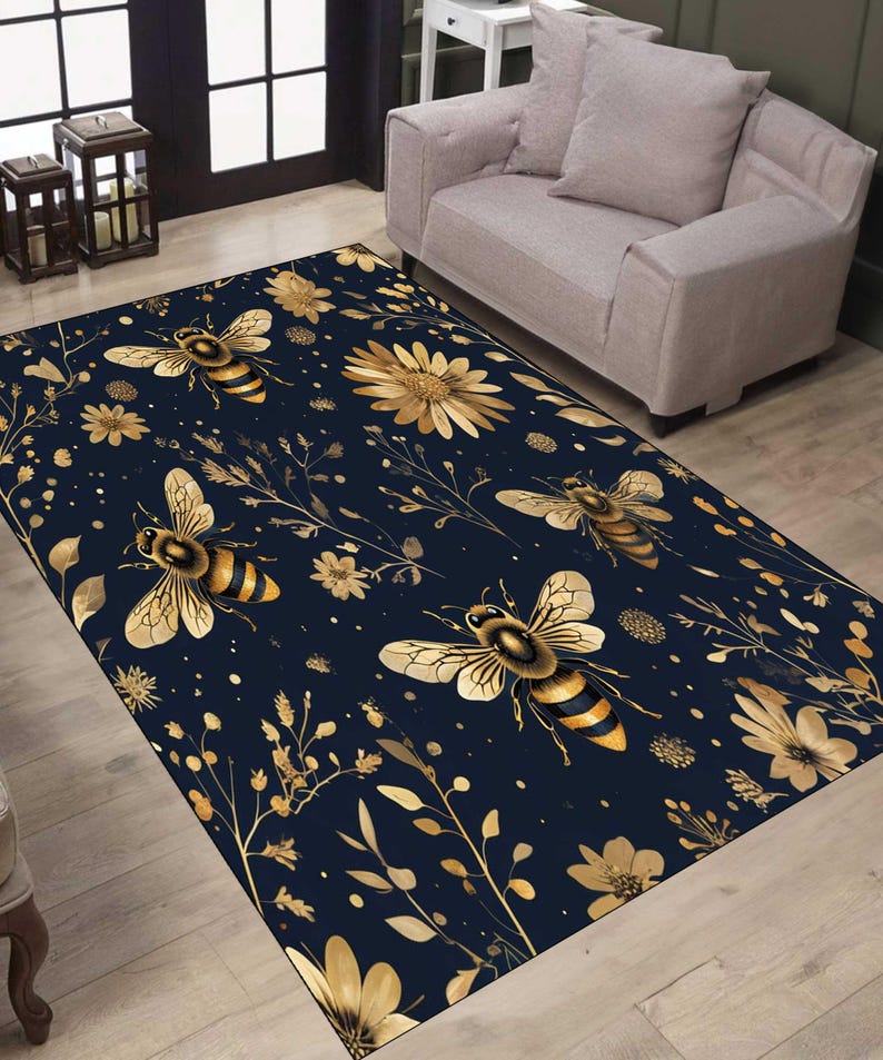 Bumblebee Area Rug: Gothic Floral Bee Pattern, Washable Custom Decor - Etsy