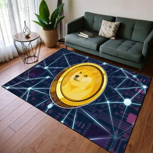 Bitcoin Pattern Rug - Tufted Doge & Stock Market Area Rug, Custom Money Gift Rug for Workplace or Home Office Decor