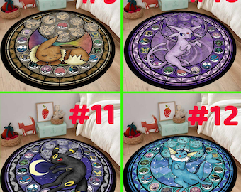 May include: A set of four circular area rugs featuring stained glass style illustrations of Eevee, Espeon, Umbreon, and Vaporeon. Each rug displays a central character surrounded by a circular border of smaller circular icons depicting various Pokemon.