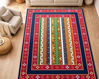 Vintage Navy Blue Rug, Washable Area Rug, Distressed Tribal Rug, Southwestern Decor, Rustic Farmhouse Rug, Boho Room Decor, Red Orange Rug