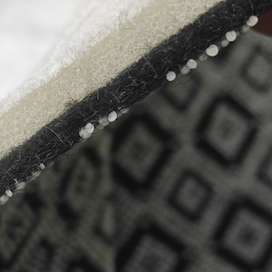 Peut inclure: Gros plan sur l'envers d'un tapis blanc avec une bordure noire. Le tapis a un dos blanc avec de petits points blancs.