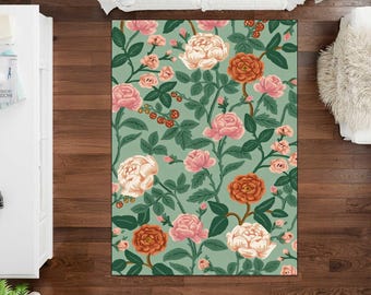 Vintage Floral Botanical Rug, Cottagecore Flower Area Rug, Garden Inspired Carpet, Romantic Floral Living Room Rug,printed rug