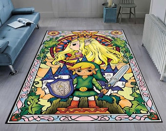 Puede incluir: Una alfombra de estilo vitral con Link y Zelda de la serie de videojuegos The Legend of Zelda. La alfombra es colorida y presenta una espada, un escudo y un castillo.