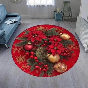 Christmas Poinsettia Round Rug: Red Floral Holiday Decor