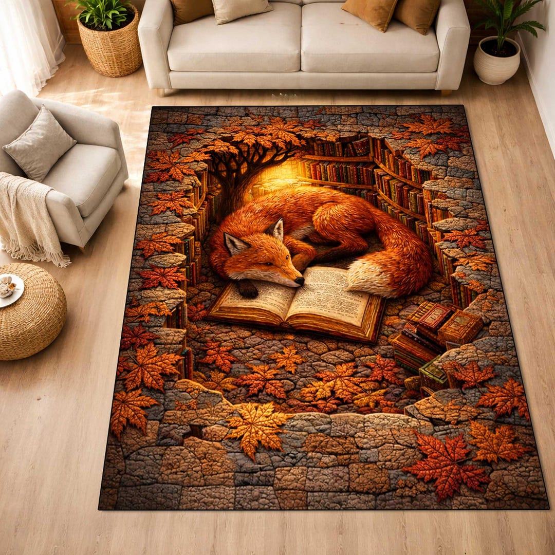 Fox Library 3D Illusion Area Rug, Reading Fox Cottagecore Rug, Book ...