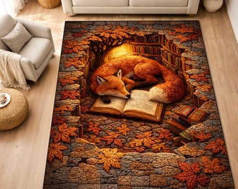May include: A rectangular rug with a detailed illustration of a sleeping fox on an open book. The rug features a stone wall and autumn leaves design, with a warm colour palette of orange, brown, and yellow.