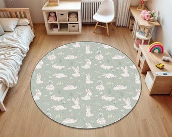 Pastel Bunny Nursery Rug, Cute Rabbit Floral Play Mat,Sage Green Kids Room Carpet,Baby Girl Boy Decor,Whimsical Woodland Animal Mat