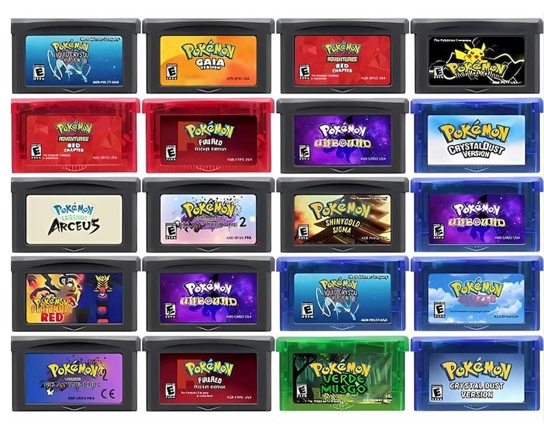 Op de afbeelding: Een verzameling van twintig rechthoekige videospelcartridges voor een handheld-console, met diverse Pok&eacute;mon-titels op kleurrijke labels, inclusief rode, blauwe, groene en zwarte plastic behuizingen, elk gemarkeerd met een E-beoordelingssymbool.