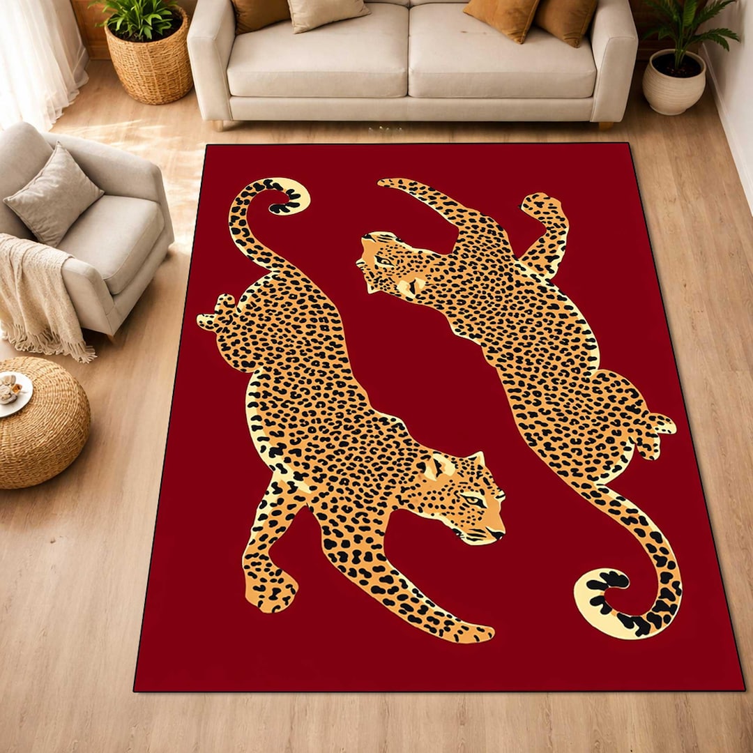 Red Animal Rug Leopard Area Rug, Red Background Animal Print Rug, Safari Jungle Carpet ...