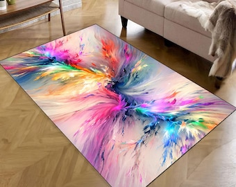 Colorful Abstract Art Rug, Fluid Paint Splash Area Rug, Modern Vibrant Rainbow Rug, Contemporary Artistic Carpet, Abstract Home Decor Rug