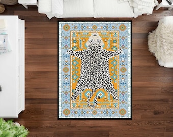 Leopard Shape Area Rug, Boho Tribal Animal Rug, Aztec Pattern Leopard Carpet, Unique Statement Rug, Wild Animal Decor Rug