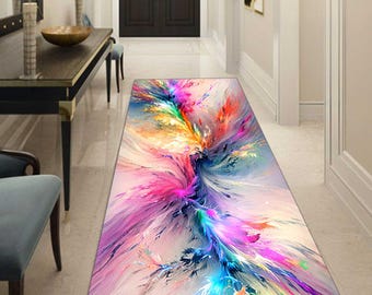Abstract Color Splash Runner Rug, Modern Fluid Art Hallway Runner, Vibrant Rainbow Abstract Carpet, Contemporary Long Kitchen Runner Rug