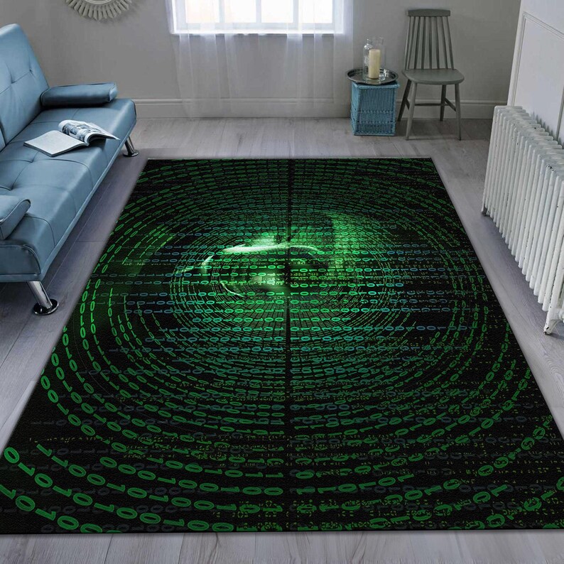 Peut inclure: Un tapis noir et vert avec un motif circulaire de code binaire vert. Le tapis a un design moderne et abstrait.