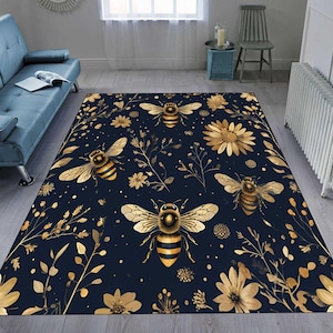 Bumblebee Area Rug: Gothic Floral Bee Pattern, Washable Custom Decor