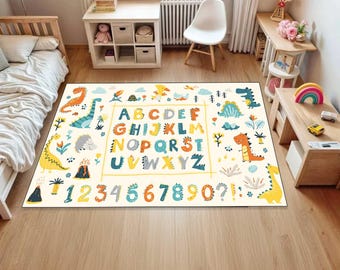 Letters And Numbers Educational Kid's RugNon-Slip Kids Carpet With DinosaurBest Activity MatHandmade Kids RugBestselling Nursery Mat