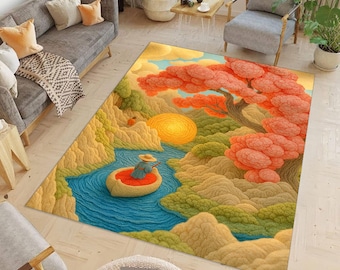 Fantasy Landscape Rug: Boho River Boat, Cherry Blossom Tree Sunset Scene