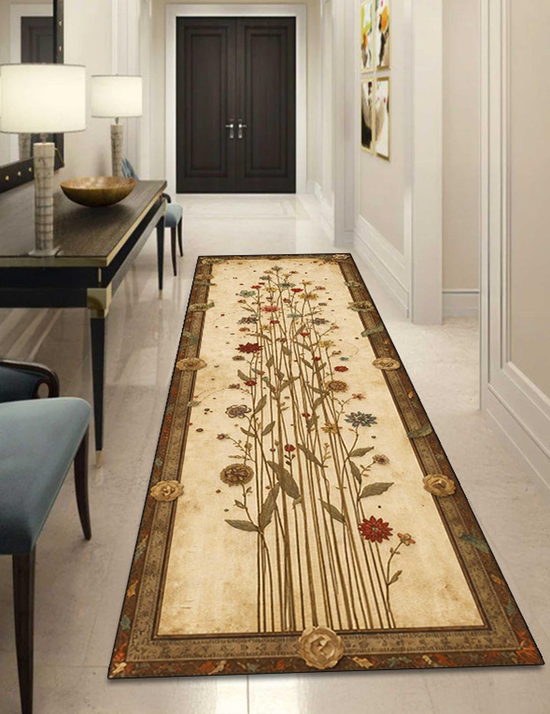 Vintage Botanical Floral Runner Rug for Hallway, Beige Cottagecore Boho ...