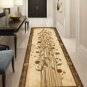 May include: A rectangular beige runner rug with a floral design. The rug features a border with a brown floral pattern and a central design of tall, thin stems with flowers in red, brown, and blue.