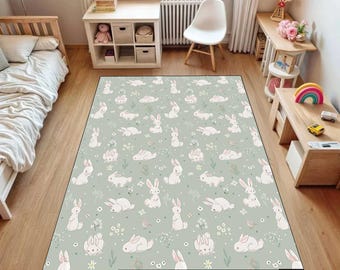Bunny In The Forest Green Baby Room RugBestselling Kids Room RugsHandmade Kid's CarpetsHandmade Kids Room RugCute Rabbit Baby Rugs