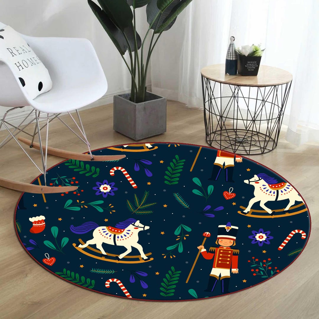 Nutcracker Round Rug, Rocking Horse Christmas Carpet, Candy Cane ...