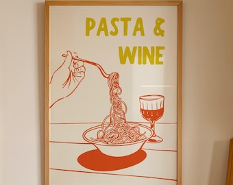 レトロなパスタとワインのキッチンプリント、イタリア料理アート（デジタルダウンロード）