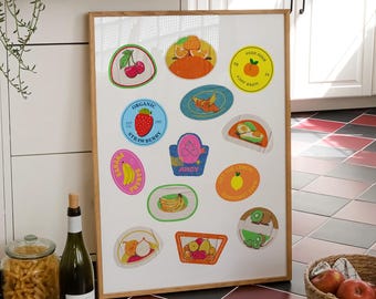 Vintage Fruit Sticker Art Print, Retro Kitchen Decor, Maximalist Wall Art (Digital Download)