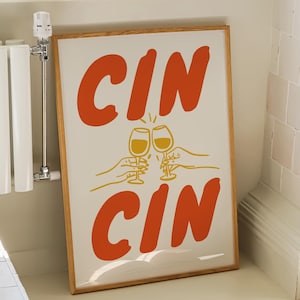Cin Cin Wine Print Alcohol Print Retro Wine Poster Bar Cart Wall Art Bar Printable Art kitchen Wine Decor Drinks Pink Red Digital Download