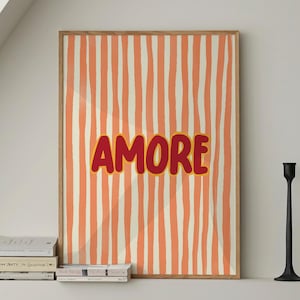 Amore Love Poster, 70er Retro vintage posterdruck, Schlafzimmer Rot gestreifte Wand Kunst, trendiger ästhetischer Druck, Zitat Dopamin Dekor Poster