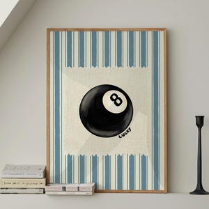 Vintage 8 poolbalprint, retro handgetekende muurkunst, trendy barwagenposter, blauwe streep esthetische print voor appartement digitale download