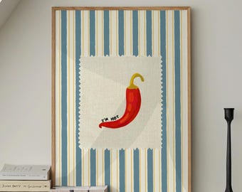 Chili Kitchen Print | Retro Spice Art, Green Stripes (Digital Download)