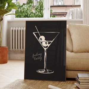 Vintage cocktailposter met 8 poolbal, martini-print, retro handgetekende muurkunst, trendy barwagenposter, zwart-witprint digitale download